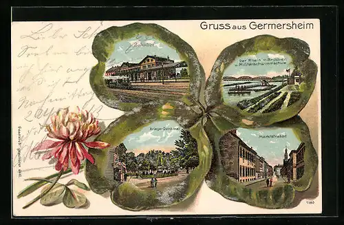 Passepartout-Lithographie Germersheim, Bahnhof, Krieger-Denkmal, Marktstrasse