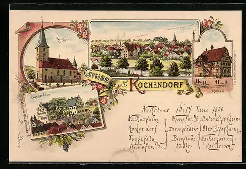 Lithographie Kochendorf, Kirche, Zwingenberg, Rathaus