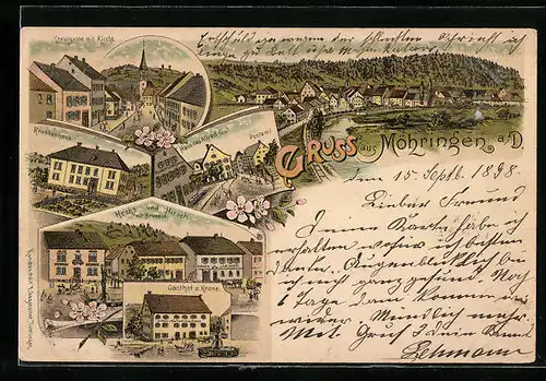 Lithographie Möhringen a. D., Kreuzgasse mit Kirche, Krankenhaus, Gasthof z. Krone