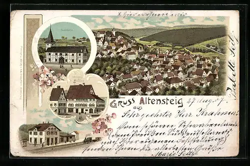 Lithographie Altensteig, Turnhalle, Gasthaus zur Traube, Bahnhof