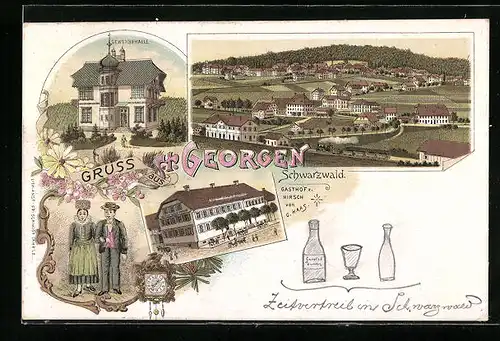 Lithographie St. Georgen /Schwarzwald, Gewerbehalle, Gasthof z. Hirsch von G. Haas