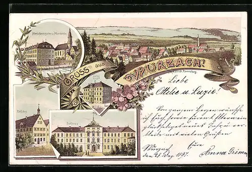 Lithographie Wurzach, Maria Rosengarten u. Pfarrkirche, Rathaus, Schloss