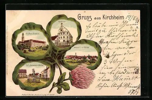 Lithographie Kirchheim, Rathaus, Kirche m. Schloss, Kleeblatt