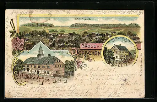 Lithographie Derschen, Schule, Gasthaus u. Metzgerei von Joh. Bill