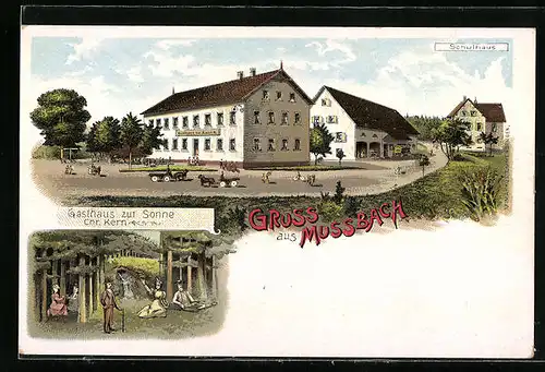 Lithographie Mussbach, Gasthaus zur Sonne, Schulhaus
