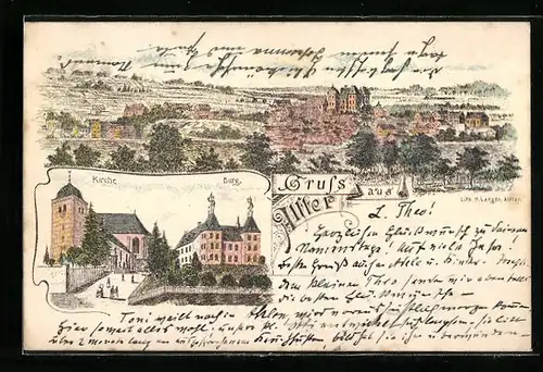 Lithographie Alfter, Totalansicht, Kirche, Burg