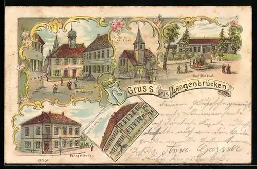 Lithographie Langenbrücken, Postgebäude, Marktplatz und Kirche mit Denkmal