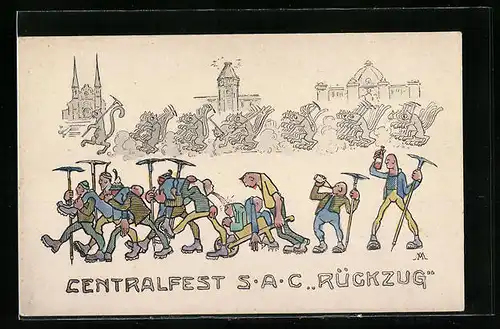 Künstler-AK Luzern, S. A. C. Zentralfest 1913 Rückzug