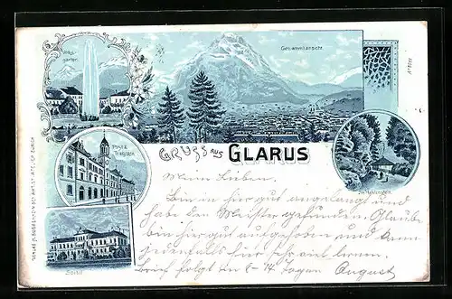 Lithographie Glarus, Gesamtansicht, Volksgarten, Post und Telegraph, Spital