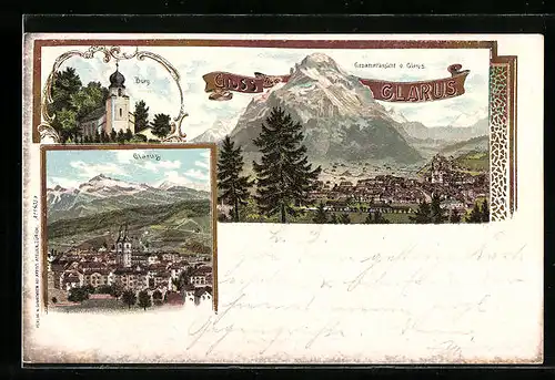 Lithographie Glarus, Gesamtansicht mit Burg