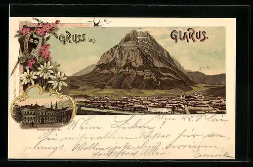 Lithographie Glarus, Totalansicht, Regierungsgebäude