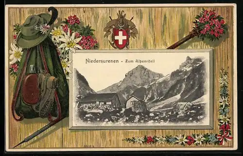 Passepartout-Lithographie Niedersurenen, Zum Alpenrösli, Jagdausrüstung