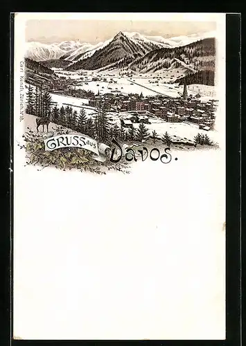 Lithographie Davos, Ortsansicht im Winter