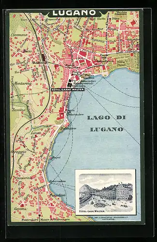 Künstler-AK Lugano, Landkarte des Ortes mit Lago di Lugano und Hotel Garni Walter