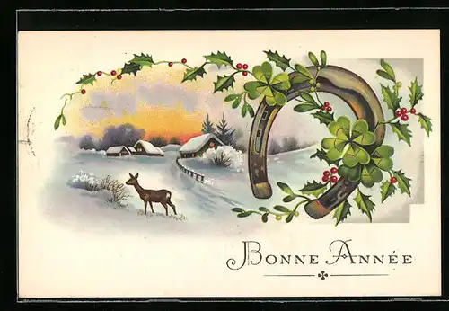 AK Hufeisen mit Kleeblättern, Verschneite Dorflandschaft