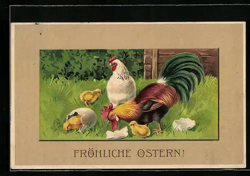 AK Hahn und Henne mit Osterküken