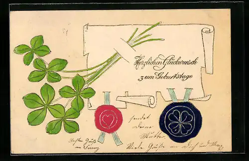 AK Kleeblätter mit Siegel, Glückwunsch zum Geburtstag