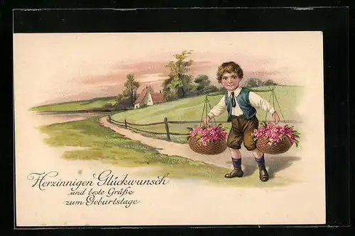 AK Junge mit Blütenkörben, Glückwunsch zum Geburtstag