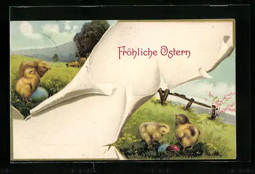 AK Fröhliche Ostern, Osterküken auf der Wiese