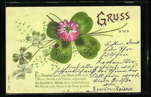 AK Viel Glück, Kleeblatt mit Blüte