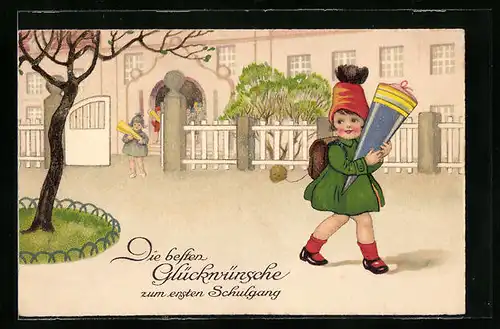Künstler-AK Glückwünsche zum Schulanfang, Mädchen mit Schultüte