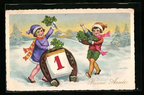 AK Lachende Kinder mit Hufeisen im Schnee