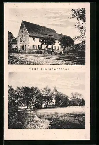 AK Obernessa, Blick auf das Gasthaus, Strassenpartie mit Kirchturm
