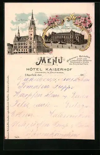 Lithographie Elberfeld, Hotel Kaiserhof, Stadthalle, Neues Rathaus