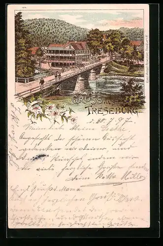 Lithographie Treseburg, Hotel Forelle an der Bodebrücke