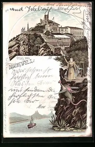 Lithographie Königswinter, Drachenfels mit Ruine