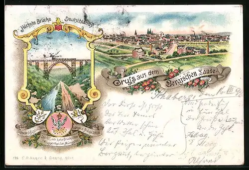 Lithographie Wupperthal b. Müngsten, Höchste Brücke Deutschlands, Gruss aus dem Bergischen Lande