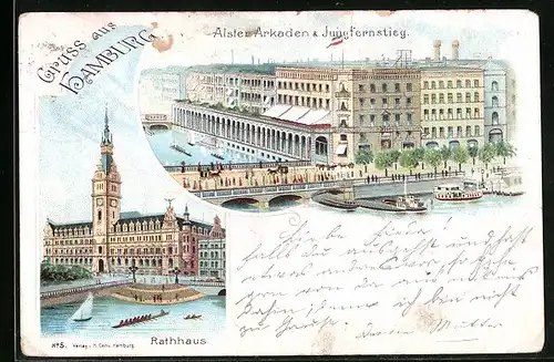 Lithographie Hamburg, Rathaus, Alsterarkaden & Jungfernstieg