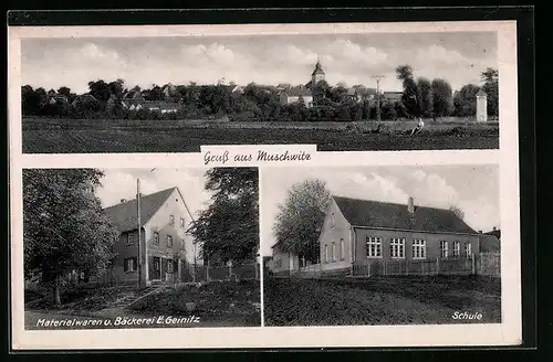 AK Muschwitz, Panorama des Ortes, Materialwaren u. Bäckerei Geinitz, Schule