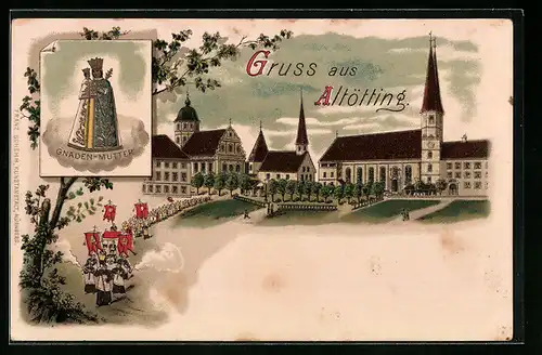 Lithographie Altötting, Ortsansicht mit Gnaden-Mutter