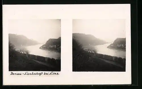 Stereo-AK Donau-Landschaft bei Linz