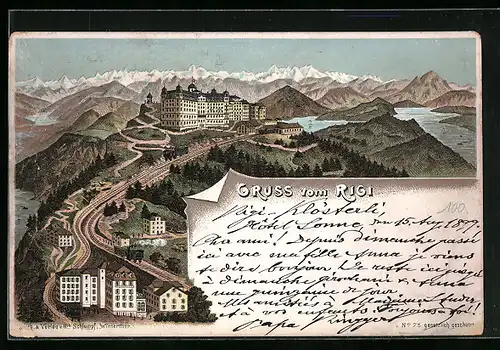 Lithographie Rigi, Gesamtansicht aus der Vogelschau mit Bergpanorama
