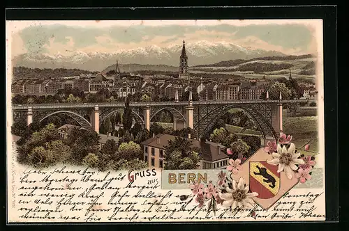 Lithographie Bern, Ortsansicht mit Viadukt, Wappen