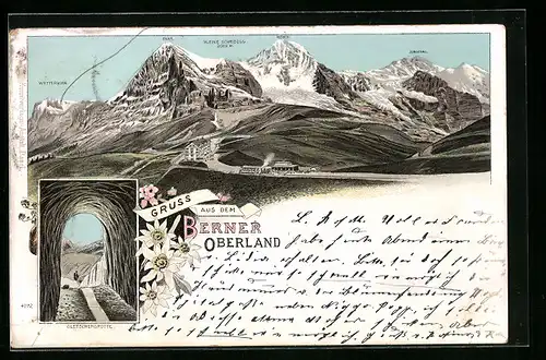 Lithographie Bern, Berner Oberland, Berghotel und Bergbahn vor Panorama mit Eiger, Gletschergrotte