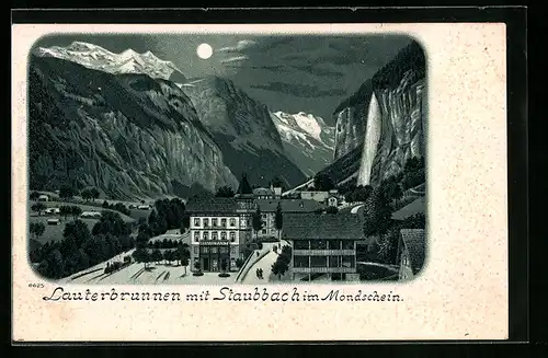 Mondschein-Lithographie Lauterbrunnen, Teilansicht mit Staubbach