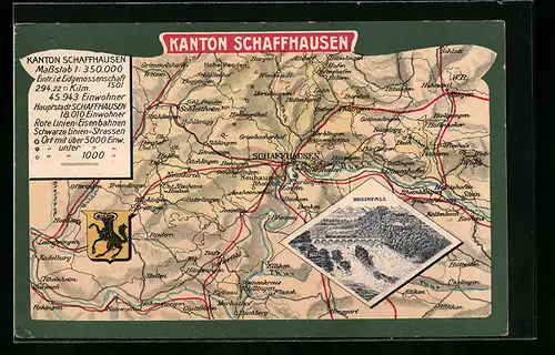 Künstler-AK Schaffhausen, Rheinfall, Landkarte des Kantons, Wappen