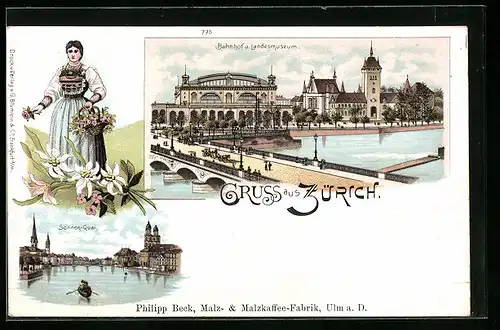 Lithographie Zürich, Bahnhof und Landesmuseum, Sonnen-Quai, Züricherin