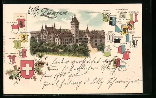 Lithographie Zürich, Teilansicht mit Landesmuseum, Schweizer und Kantonswappen
