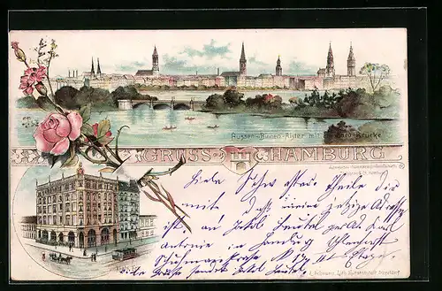 Lithographie Hamburg, Gasthaus Kiels-Eck mit Strassenbahn, Aussen- u. Binnen-Alster mit Lombard-Brücke