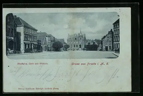 Mondschein-AK Preetz i. H., Marktplatz mit Geschäften Nord- und Westseite