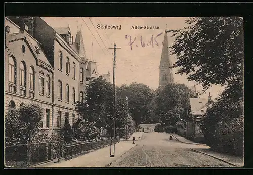 AK Schleswig, Allee-Strasse mit Kirchturm