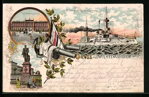 Lithographie Wilhelmshaven, Werfttorgebäude, Prinz-Adalbert-Denkmal, S. M. Panzerschiff Brandenburg