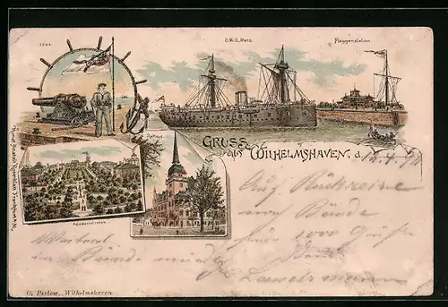 Lithographie Wilhelmshaven, Rathaus, Adalbertstrasse, Flaggenstation und S. M. S. Segelschiff Mars