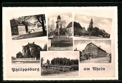 AK Philippsburg am Rhein, Forsthaus, Kirche und Pfarrhaus, Turnhalle