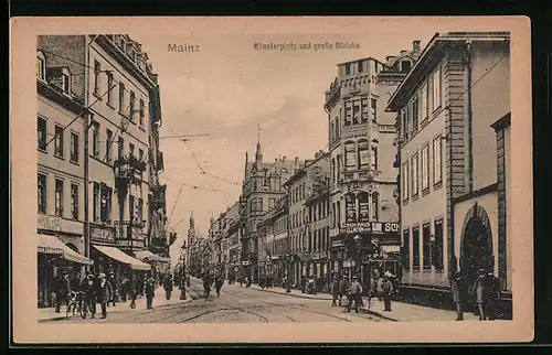 AK Mainz, Münsterplatz und Strasse grosse Bleiche mit Geschäften