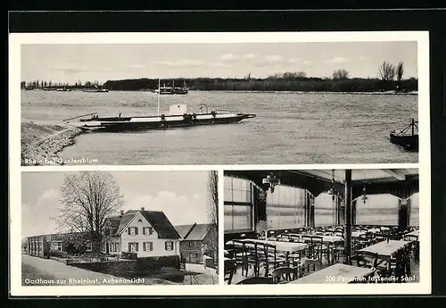 AK Guntersblum, Gasthaus zur Rheinlust, Innenansicht Saal, Rheinpartie mit Booten